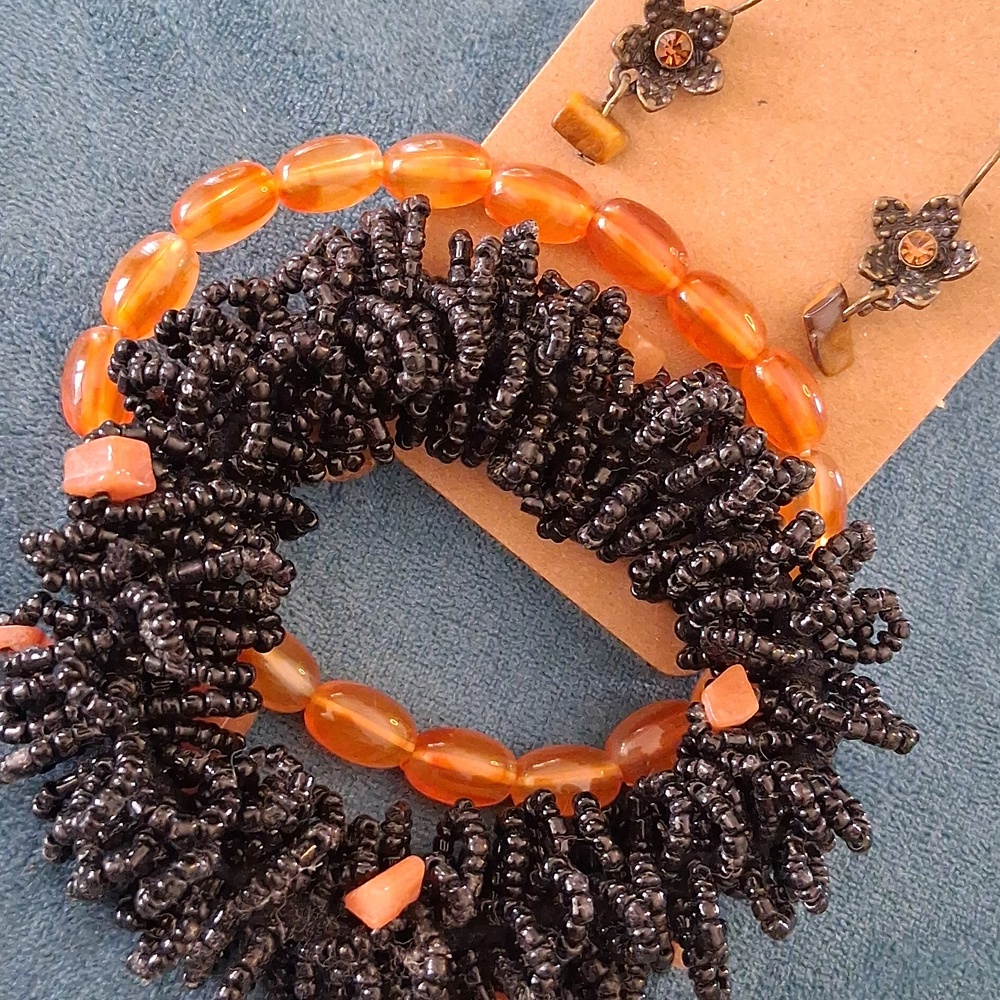 Handcrafted Amber-Tone Beaded Bracelet and Flower Drop Earrings Set